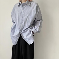 复古清新条纹衬衫长袖春夏宽松休闲中性无性别男女同款衬衣外套，男装衬衫，星座506A