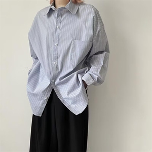 复古清新条纹衬衫长袖春夏宽松休闲中性无性别男女同款衬衣外套图片
