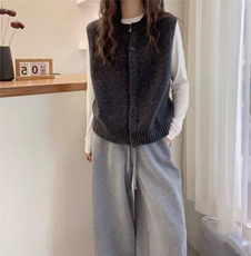 灰色圆领毛衣马甲女开衫秋冬新款羊毛百搭叠穿坎肩针织背心上衣，女装针织衫/毛衣，浩新羊绒