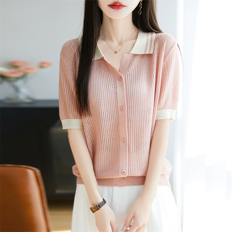 夏新款女士撞色翻领短袖开衫时尚薄款半袖Polo衫休闲夏装内搭上衣，女装针织衫/毛衣，唐诺