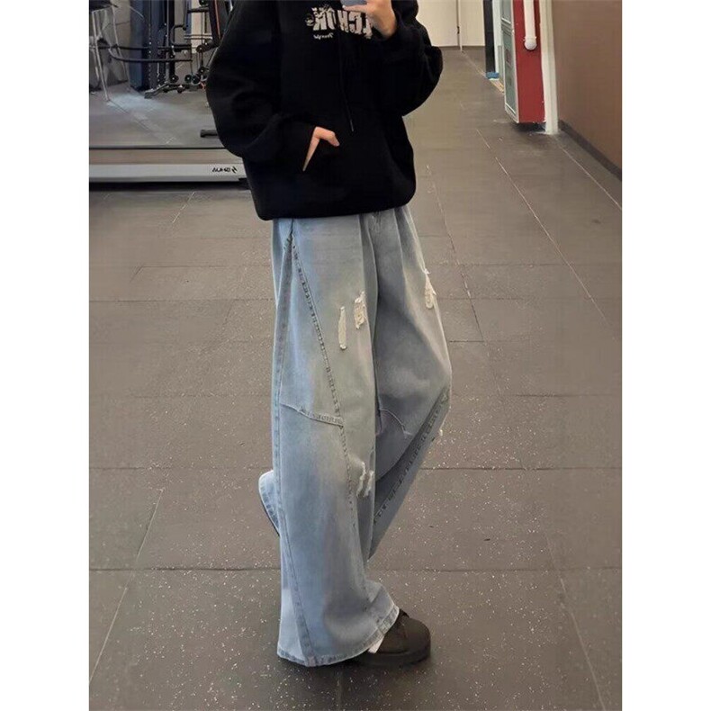 美式高街复古慵懒松弛感牛仔裤子女夏辣妹街头设计超宽松拖地长裤,男装牛仔裤,星座601-1