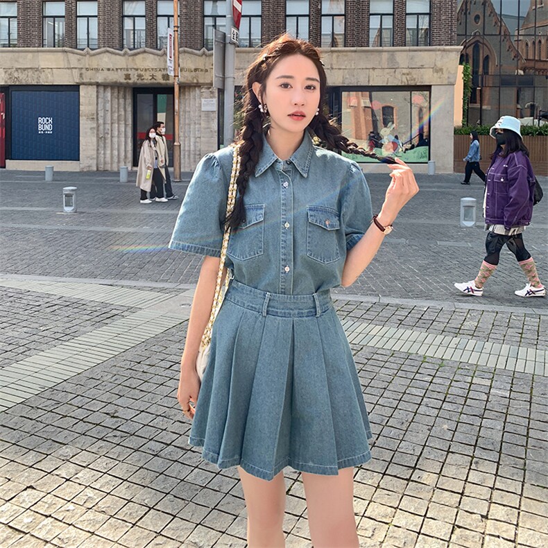 2023年夏季新款韩版休闲百搭牛仔短袖衬衫百褶裙半身裙两件套女,女装套装/套裙,一九零