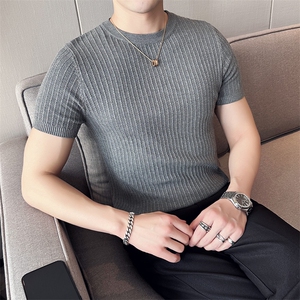 针织衫毛衣男 M22/p45春夏季短袖修身圆领条纹纯色打底衫线衣图片