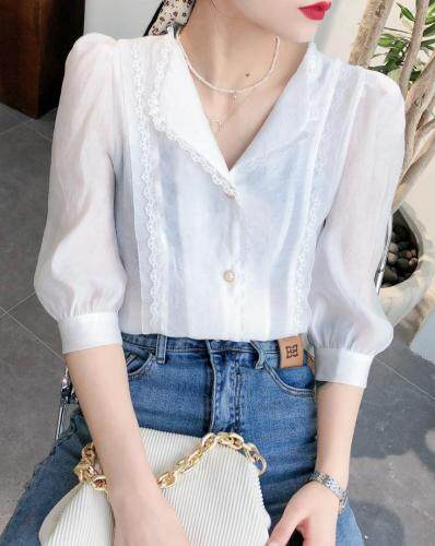 蕾丝花边翻领衬衣，女装，兰魅依生