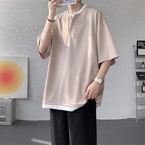 8XL-M重磅斜纹假两件短袖t恤男夏季薄款宽松大码半袖体恤DT006P45图片