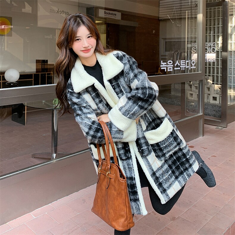 中长款黑白格子羊羔毛夹棉外套2C317A-8830-P205-K295,女装短外套,2C317A