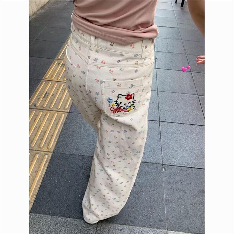 小个子白色碎花牛仔裤女夏季新款高腰宽松显瘦Kitty刺绣阔腿裤子图片