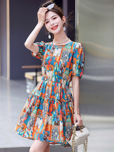 洋气黄色碎花纯棉连衣裙女2025夏新款小个子别致绝美甜美气质裙子图片