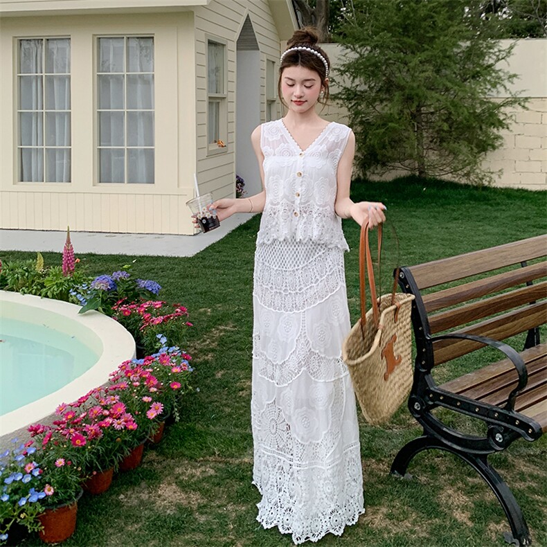 法式复古浪漫蕾丝套装裙女夏新款温柔风显瘦流苏马甲半身裙两件套,女装套装/套裙,2C009