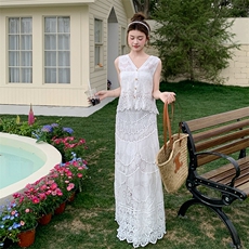 法式复古浪漫蕾丝套装裙女夏新款温柔风显瘦流苏马甲半身裙两件套，女装套装/套裙，2C009