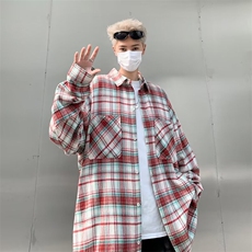 衬衫长袖男生春季新款美式宽松翻领格子衬衣复古潮流休闲百搭外套，男装衬衫，星座1013
