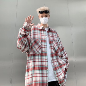 衬衫长袖男生春季新款美式宽松翻领格子衬衣复古潮流休闲百搭外套图片