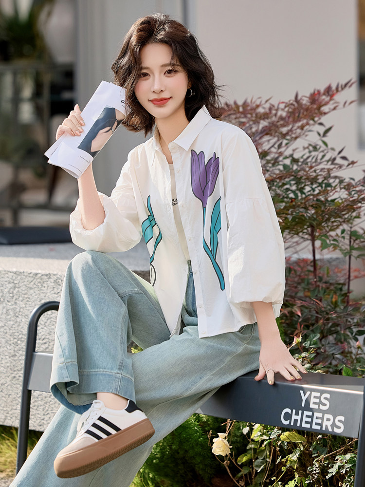 2025春夏装伊然Errarell郁金香衬衫女设计感复古印花法式上衣,女装衬衫,梦懿尔