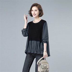 新款拼接宽松长袖T恤大码休闲打底衫,女装T恤,秋牧寒烟