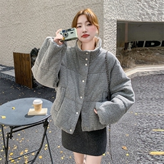 灰色宽松面包服短款慵懒风羊毛呢羽绒服白鸭绒外套6096P245K358，女装羽绒服，维壹