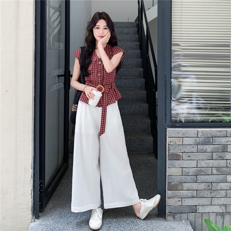 红色无袖格子衬衫阔腿裤套装女夏大方得体流行爆款两件套超火设计,女装套装/套裙,2C203