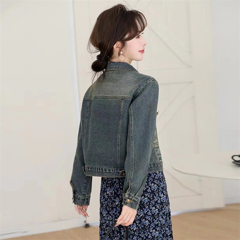 现货手工抹旧工艺复古小版型牛仔外套慵懒风宽松设计感上衣女,女装牛仔外套,江南女神
