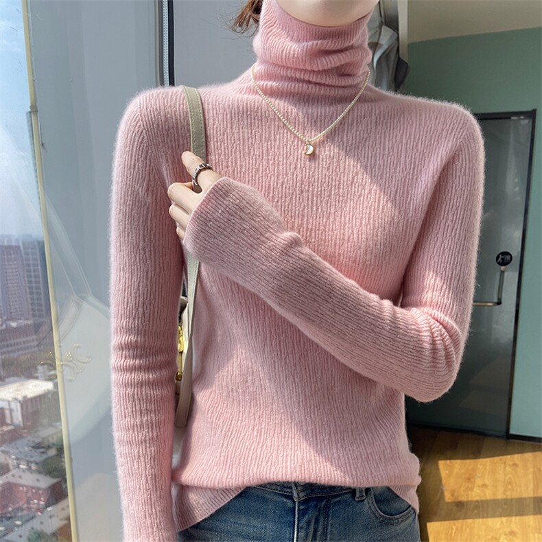 25秋冬100%纯羊毛衫女一线成衣半高领坑条套头毛衣宽松羊绒衫打底,女装羊毛衫,美轩羊绒