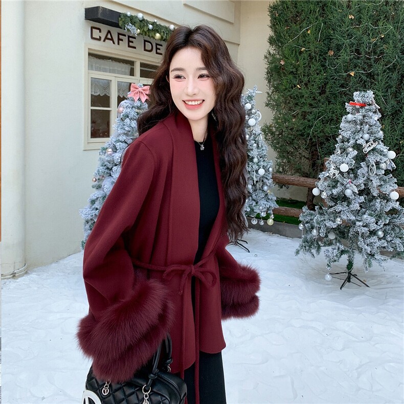 现货主推款双面羊毛呢配双层狐狸毛袖可脱卸加厚新年款p295-k458，女装双面呢大衣，丝露怡语
