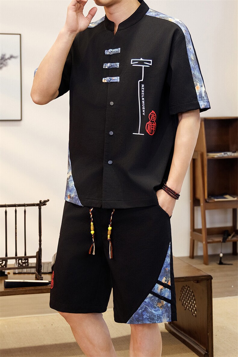 潮风套装男新中式短袖衬衫时尚休闲短裤两件套JZ306-P58,男装牛仔裤,星座310B-3