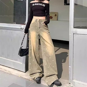 高街百搭阔腿牛仔裤女春季新款十字星设计高级感直筒拖地牛仔裤子图片