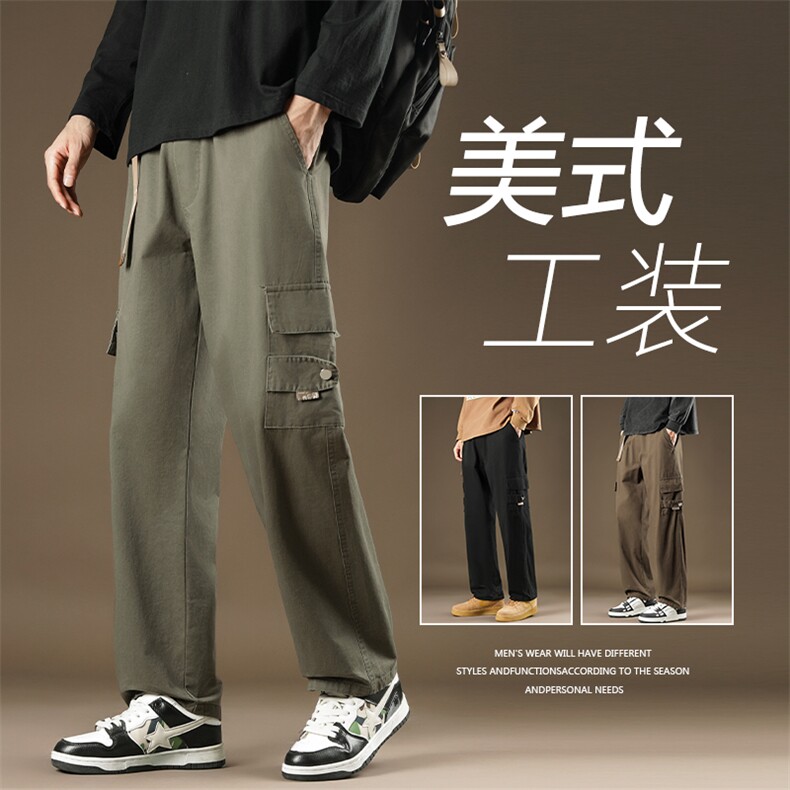 秋冬男休闲工装裤大口袋织带纯棉宽松长裤加大码M-5XL H651 P40图片