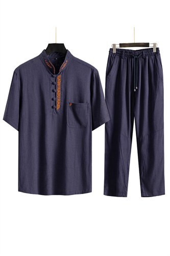 男士唐装中式盘扣短袖衬衫风立体刺绣T恤套装526+1665-P115，男装民族服装，星座1105-3