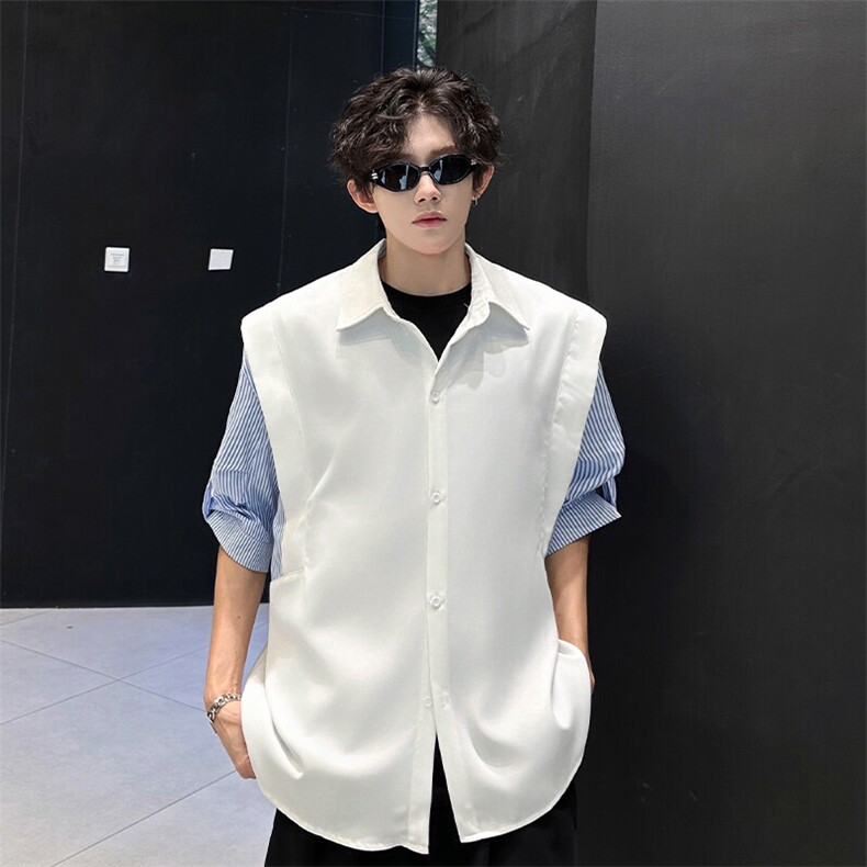 春夏新款假两件宽松拼接飞肩设计感假两件条纹短袖衬衫卫衣特P39,男装卫衣,电商B319
