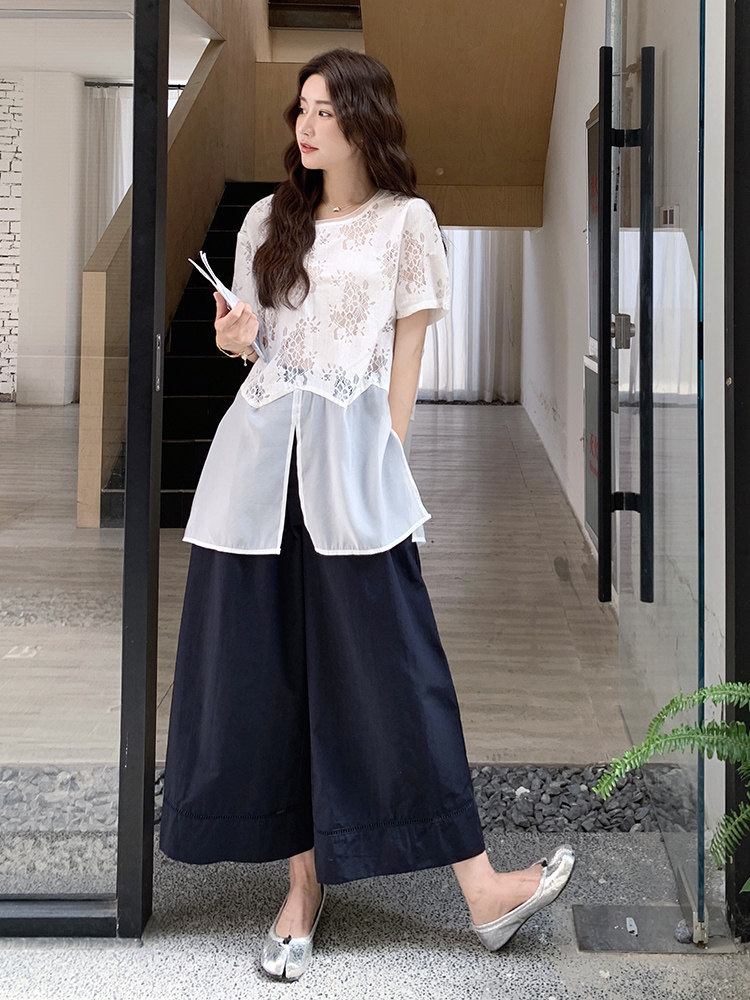 慵懒风薄纱拼接T恤套装女2025夏新款设计感宽松休闲阔腿裤两件套，女装套装/套裙，浙宝192（原082）