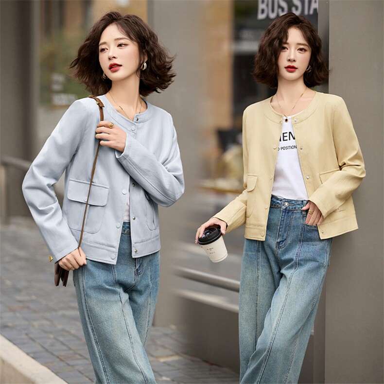 2025春秋季新款高级感质感长袖短款圆领pu皮衣夹克欧美时尚外套女，女装皮衣，跑量工厂店