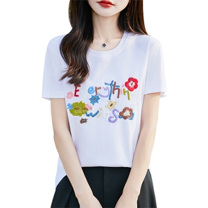 花朵绣片粉色丝光纯棉正肩短袖t恤女2023新款夏季圆领宽松显瘦图片