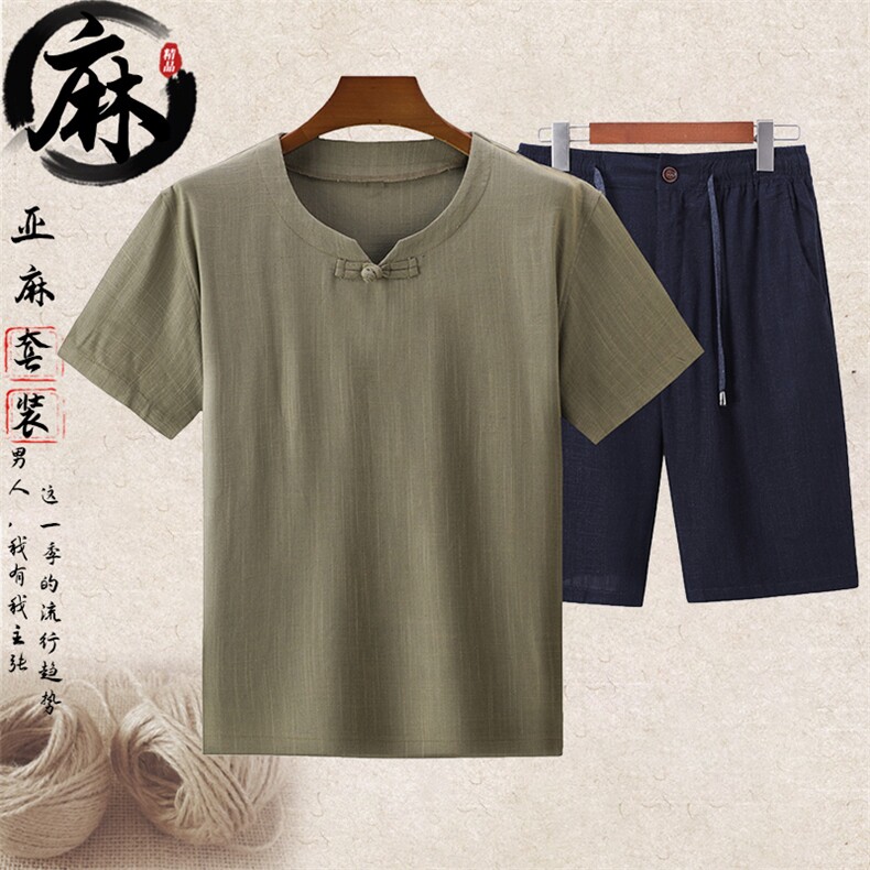 主推款大货新款夏男款中老年风亚麻套装短袖T恤棉麻短裤套装，男装中老年男装，钱塘723