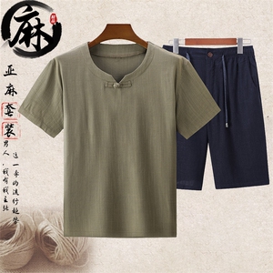 主推款 大货新款夏男款中老年风亚麻套装短袖T恤棉麻短裤套装,男装中老年男装,钱塘723