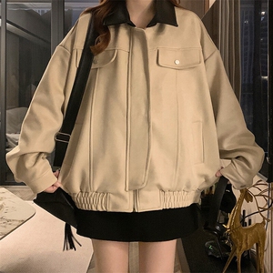 A472-P118巴恩风翻领麂皮绒外套春季新款美式工装宽松夹克上衣,牛仔背心外套白色连衣裙怎么搭配图片