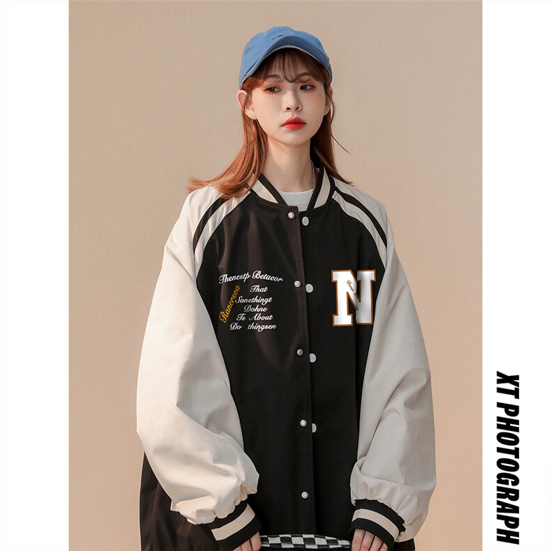 中性风秋季宽松休闲插肩袖棒球服拼色情侣外套女JK6872P65控78,女装短外套,电商A268