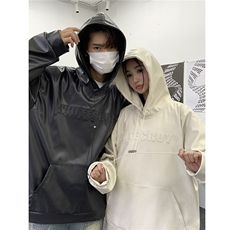 秋装港风潮美式复古压印立体情侣卫衣PU皮衣外套男女G1066P78，男装皮衣，电商A339