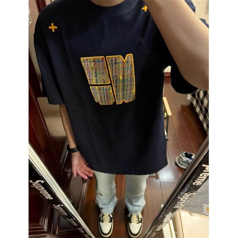 潮牌美式复古宽松短袖t恤男女情侣黑色上衣编织刺绣T5047,男装T恤,星座1116A（原606A-3）