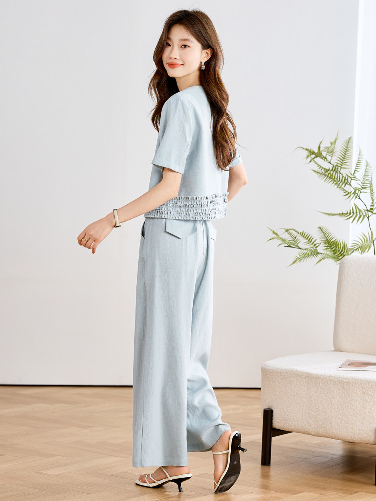 休闲通勤时尚套装女2025夏季新款木耳边圆领上衣阔腿长裤两件套,女装套装/套裙,辉之琳