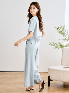 休闲通勤时尚套装女2025夏季新款木耳边圆领上衣阔腿长裤两件套图片