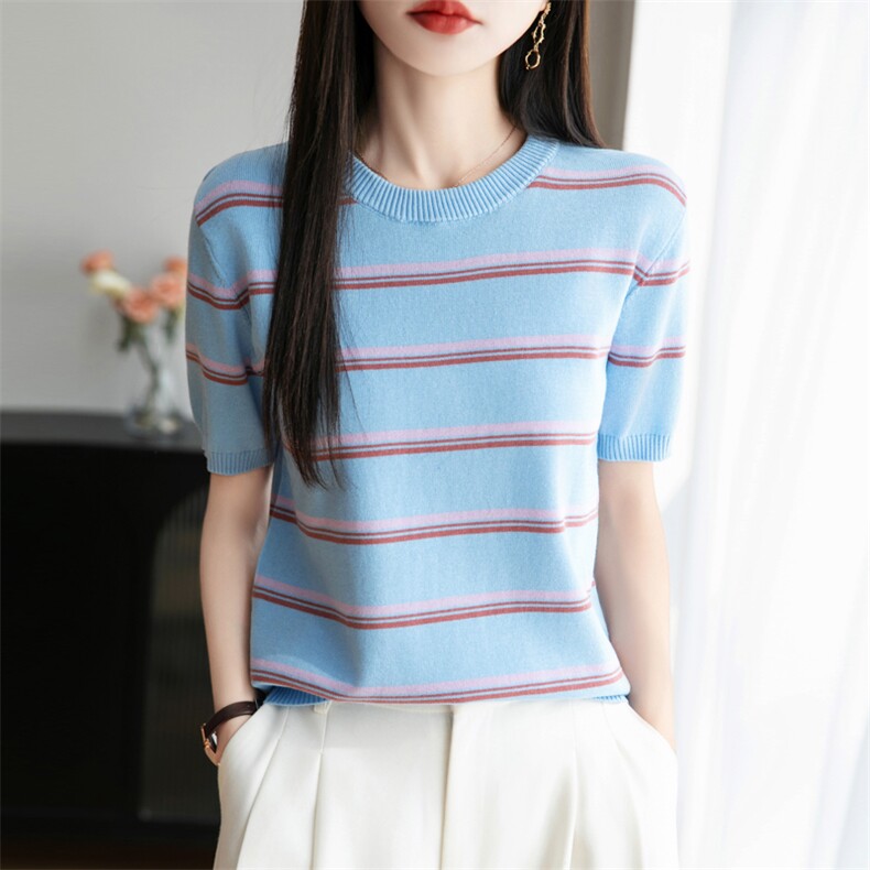 2025夏季新款圆领纯棉条纹针织短袖女宽松显瘦洋气休闲百搭上衣女，女装T恤，秋双羊绒