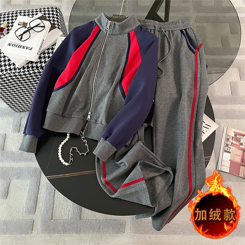 时尚加绒灰色拼接短外套直筒裤两件套女，女装套装/套裙，江南