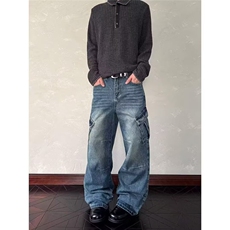 港风潮男秋冬新款2025个性字母牛仔裤嘻哈ins潮高街潮流痞帅长裤，男装牛仔裤，星座516A