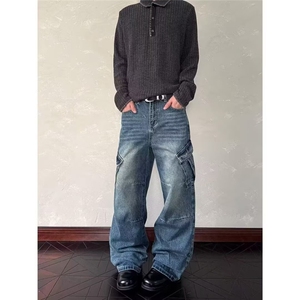 港风潮男秋冬新款2025个性字母牛仔裤嘻哈ins潮高街潮流痞帅长裤,男装牛仔裤,星座516A