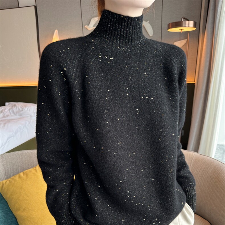25秋冬100%纯羊毛衫女半高领重工钉珠加厚长袖毛衣宽松打底羊绒衫图片