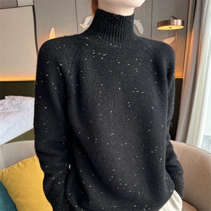 25秋冬100%纯羊毛衫女半高领重工钉珠加厚长袖毛衣宽松打底羊绒衫图片