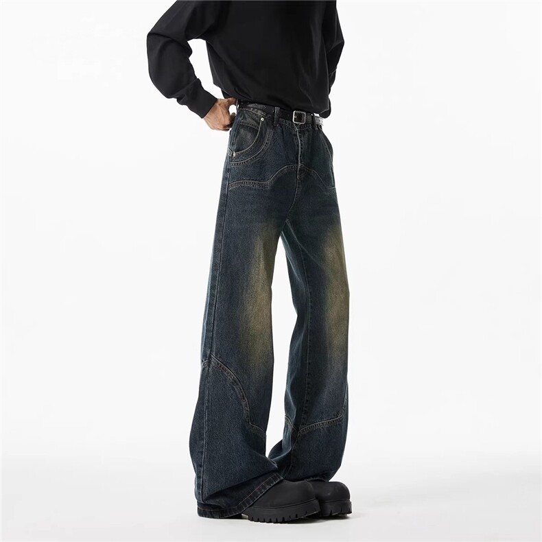 美式复古蓝解构弯刀牛仔裤男高街新款宽松设计感潮牌直筒微喇长裤，男装牛仔裤，星座813-2