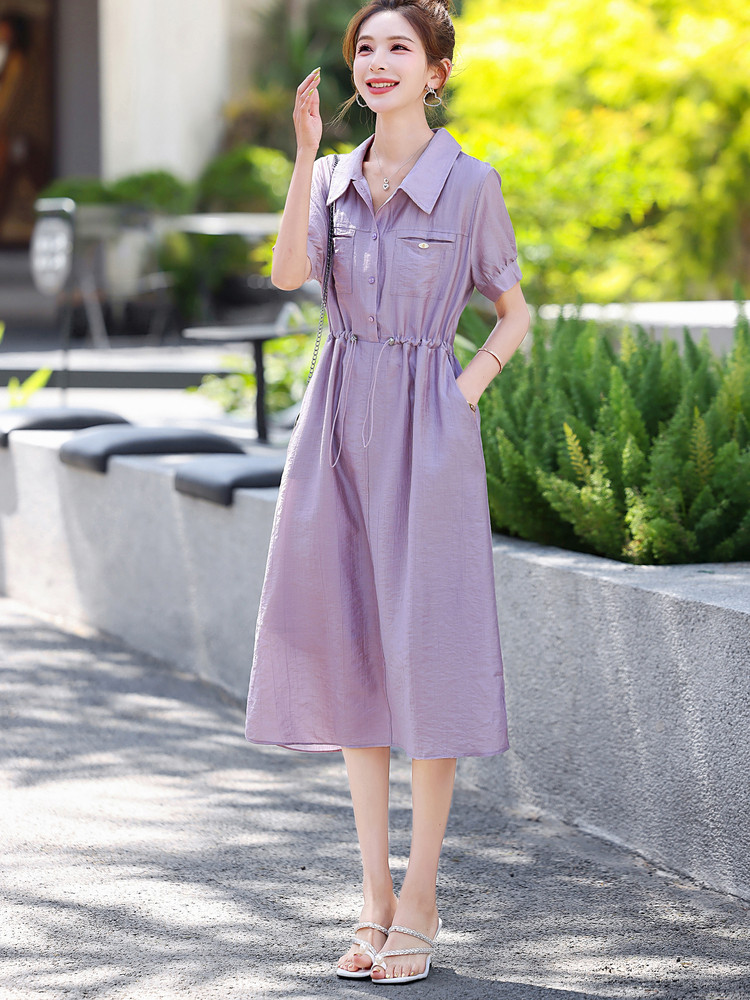 莱赛尔天丝连衣裙女2025新款夏季中长款高级感收腰减龄衬衫a字裙,女装连衣裙,梦芯尔