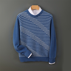 高品质男士秋冬羊毛竖条纹休闲毛衣时尚百搭保暖舒适男装，男装羊毛衫，德晨羊绒