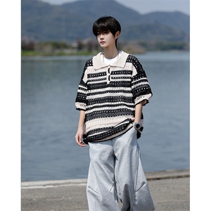 8XL-M 特大码美式复古条纹撞色针织POLO衫翻领休闲短袖TDX311P35图片
