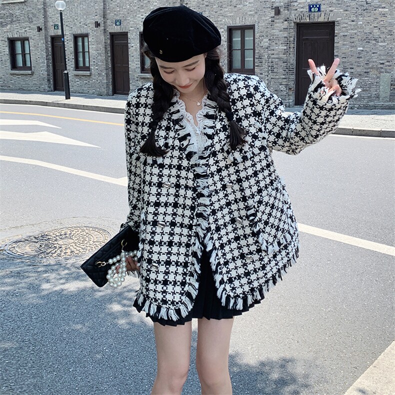高级感流苏黑白格子千金小香风外套女2025春秋超好看气质夹克上衣,女装短外套,2C037